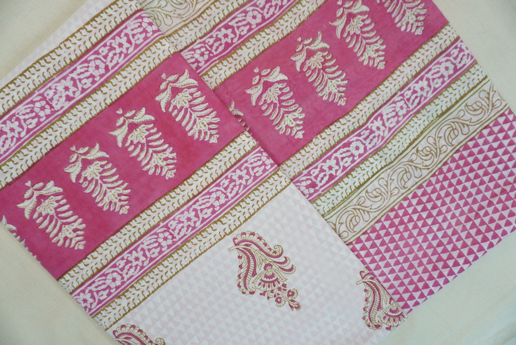 White and pink cotton Bagh handblock 3 piece suit set with placement pattern and border