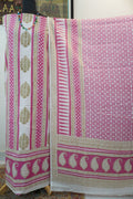 Pink cotton Bagh block print 3 piece suit set with multicolor design and border