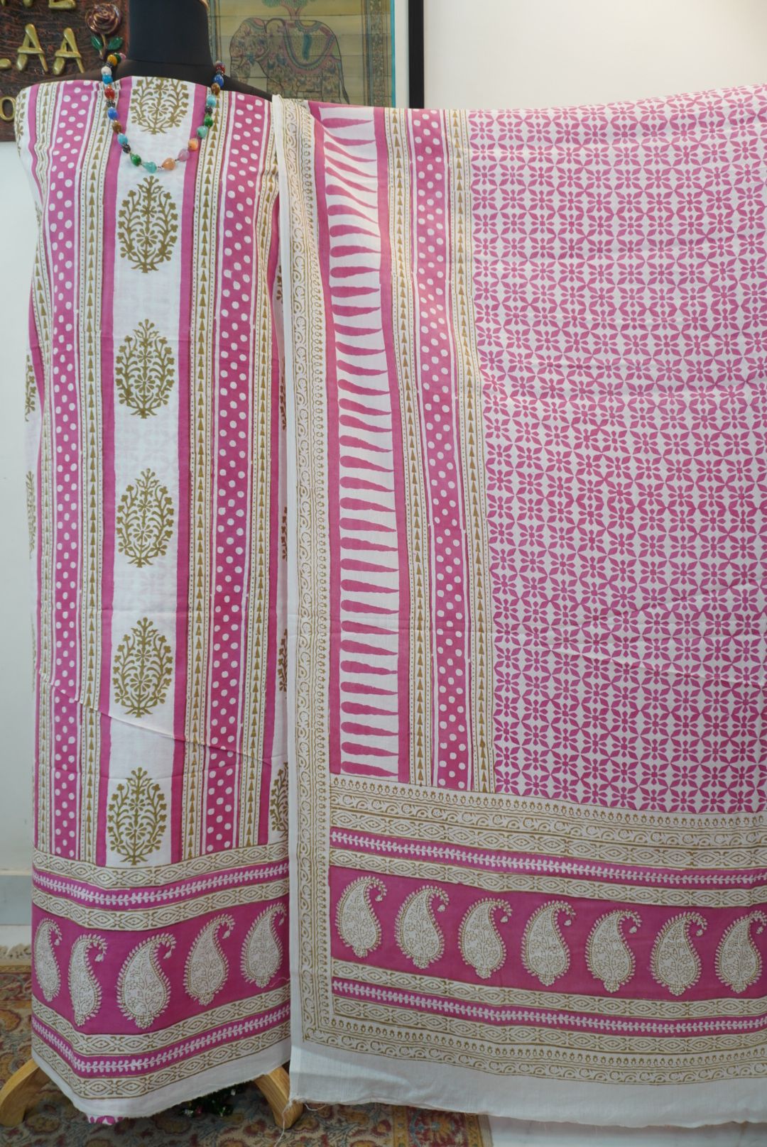 Pink cotton Bagh block print 3 piece suit set with multicolor design and border