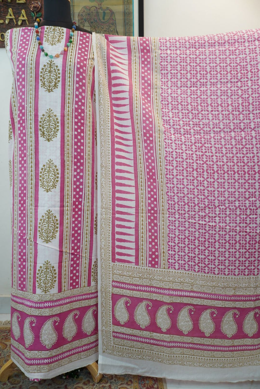 Pink cotton Bagh block print 3 piece suit set with multicolor design and border