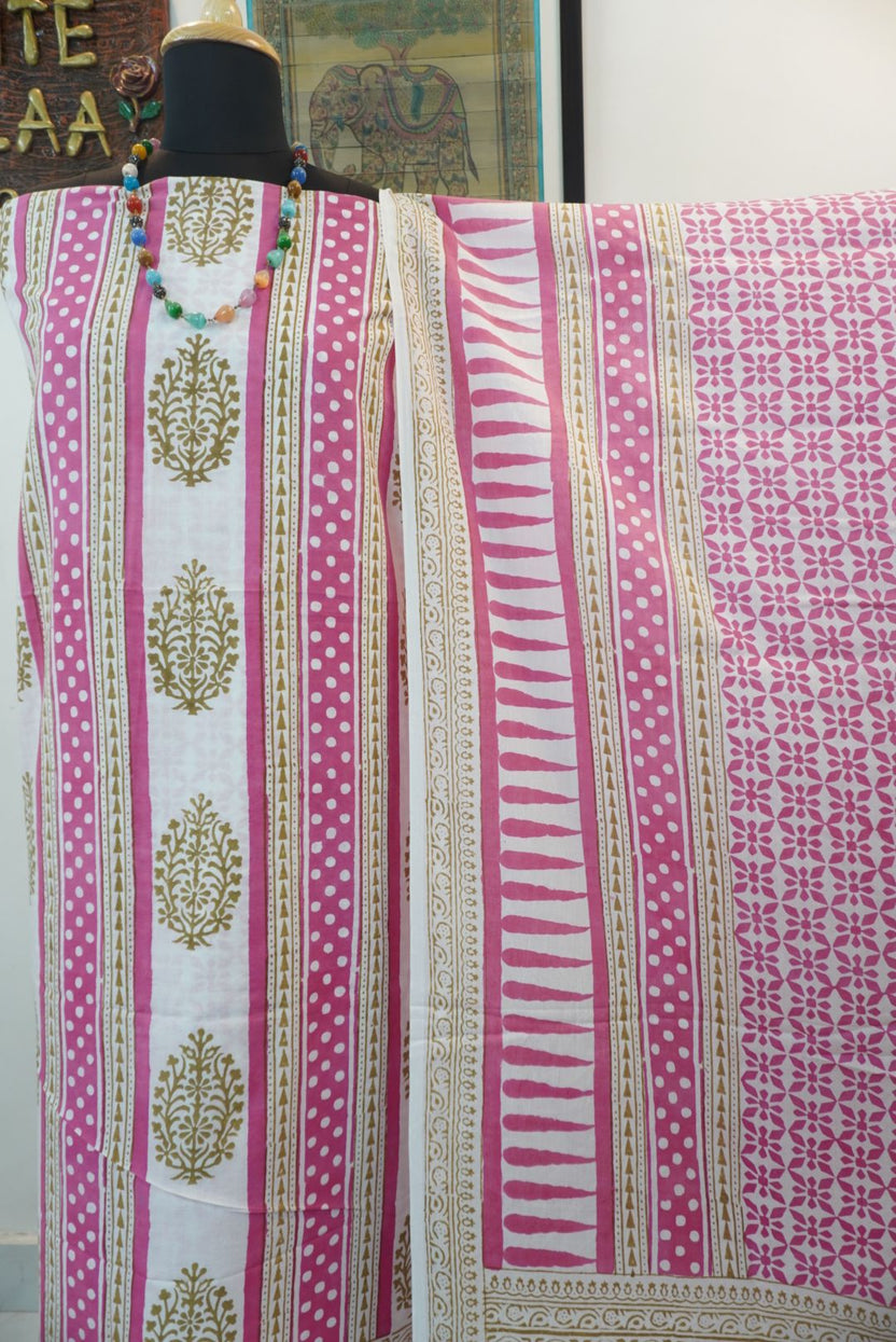 Pink cotton Bagh block print 3 piece suit set with multicolor design and border