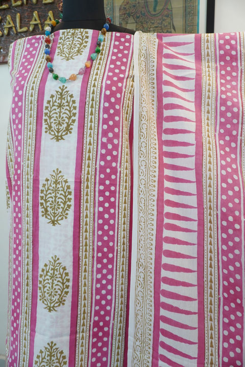 Pink cotton Bagh block print 3 piece suit set with multicolor design and border