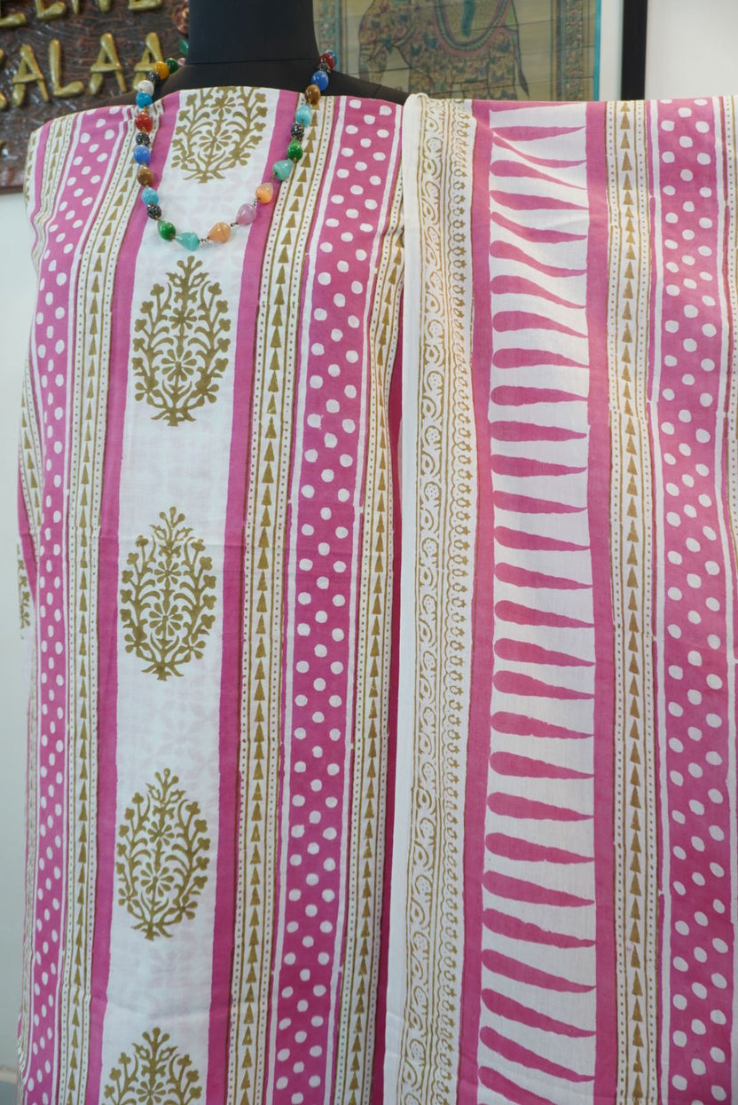 Pink cotton Bagh block print 3 piece suit set with multicolor design and border