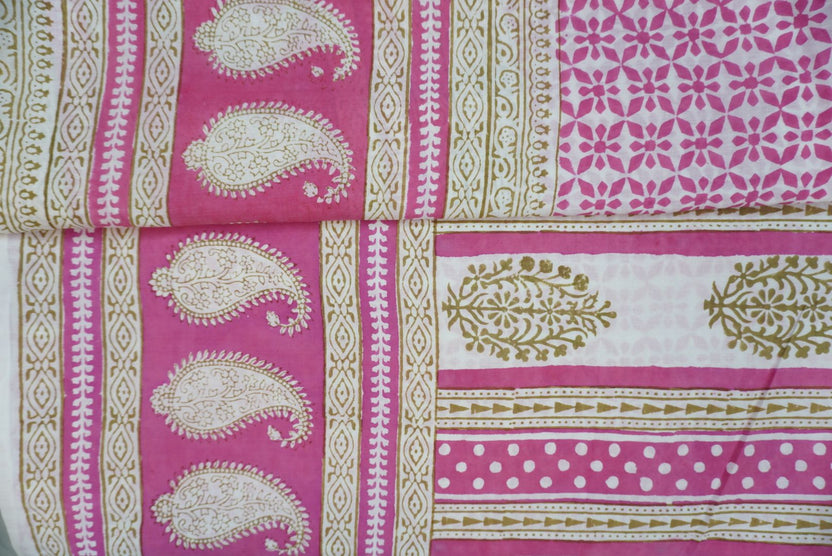 Pink cotton Bagh block print 3 piece suit set with multicolor design and border