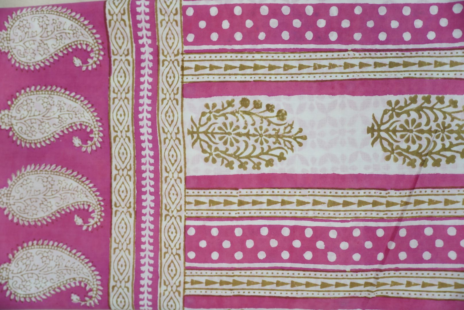 Pink cotton Bagh block print 3 piece suit set with multicolor design and border