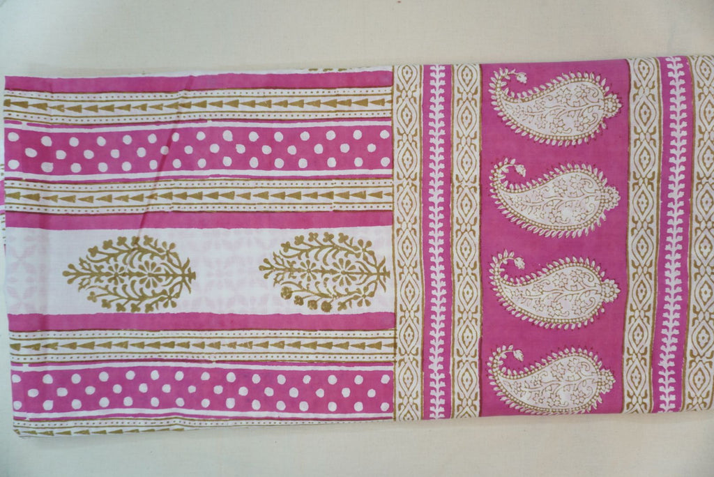 Pink cotton Bagh block print 3 piece suit set with multicolor design and border