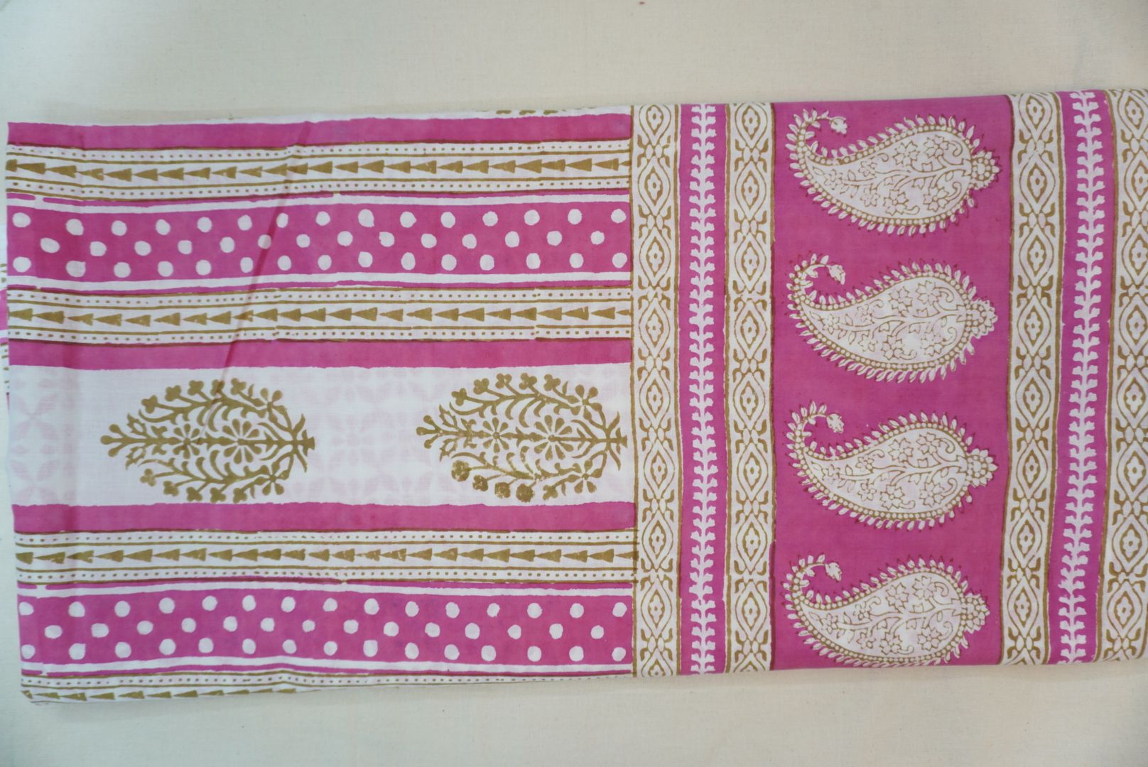 Pink cotton Bagh block print 3 piece suit set with multicolor design and border