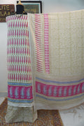 Pink cotton Bagh block print 3 piece suit set with blue, olive and cream accents and border