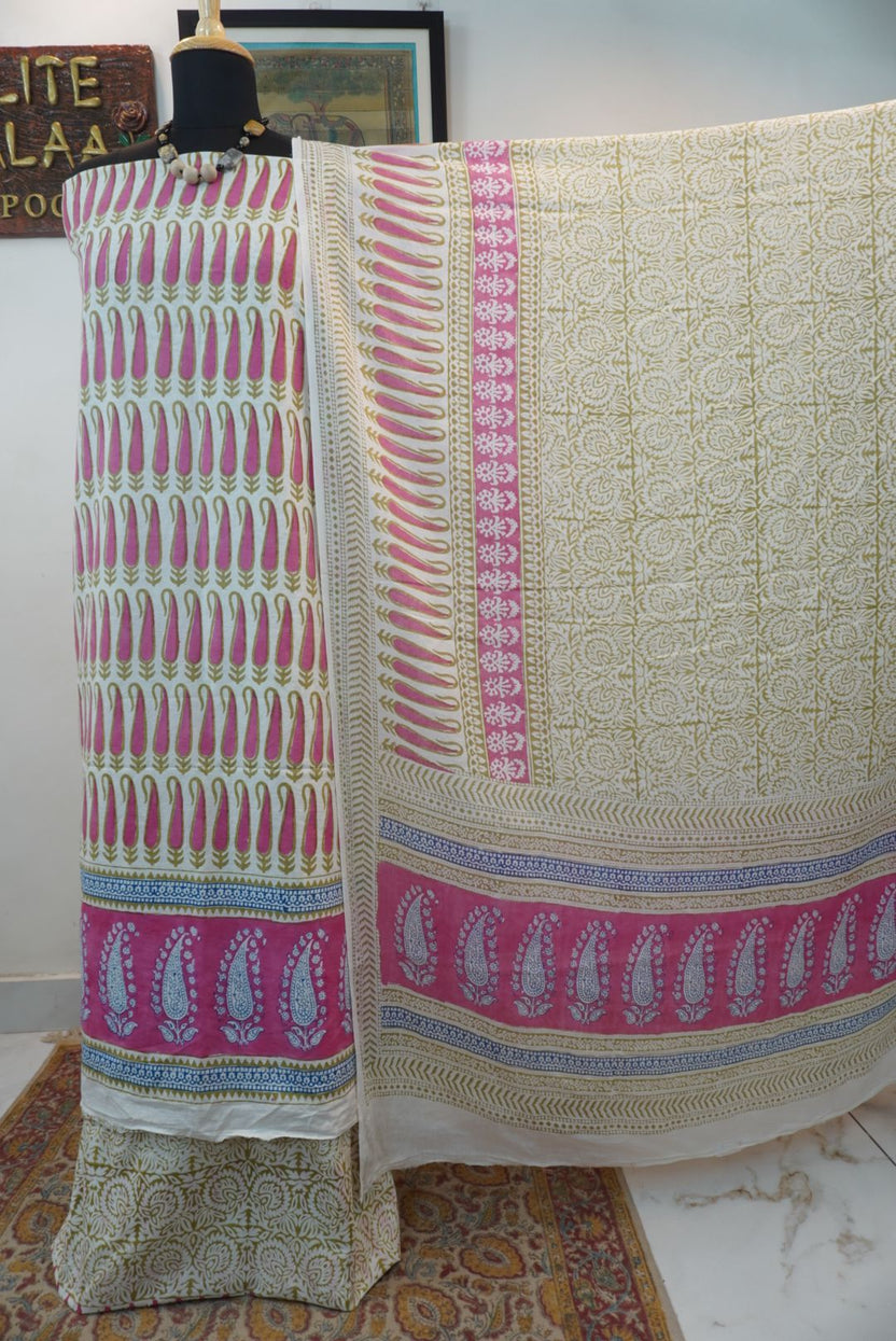 Pink cotton Bagh block print 3 piece suit set with blue, olive and cream accents and border