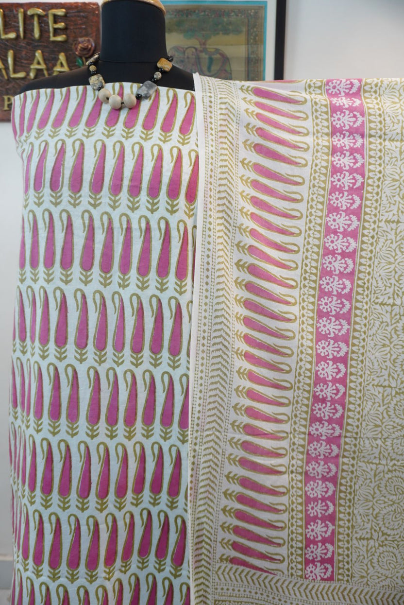 Pink cotton Bagh block print 3 piece suit set with blue, olive and cream accents and border