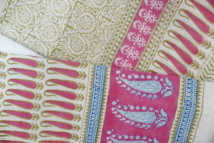 Pink cotton Bagh block print 3 piece suit set with blue, olive and cream accents and border