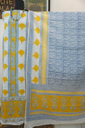 Yellow cotton Bagh handblock 3 piece unstitched suit set with blue and white accents and border