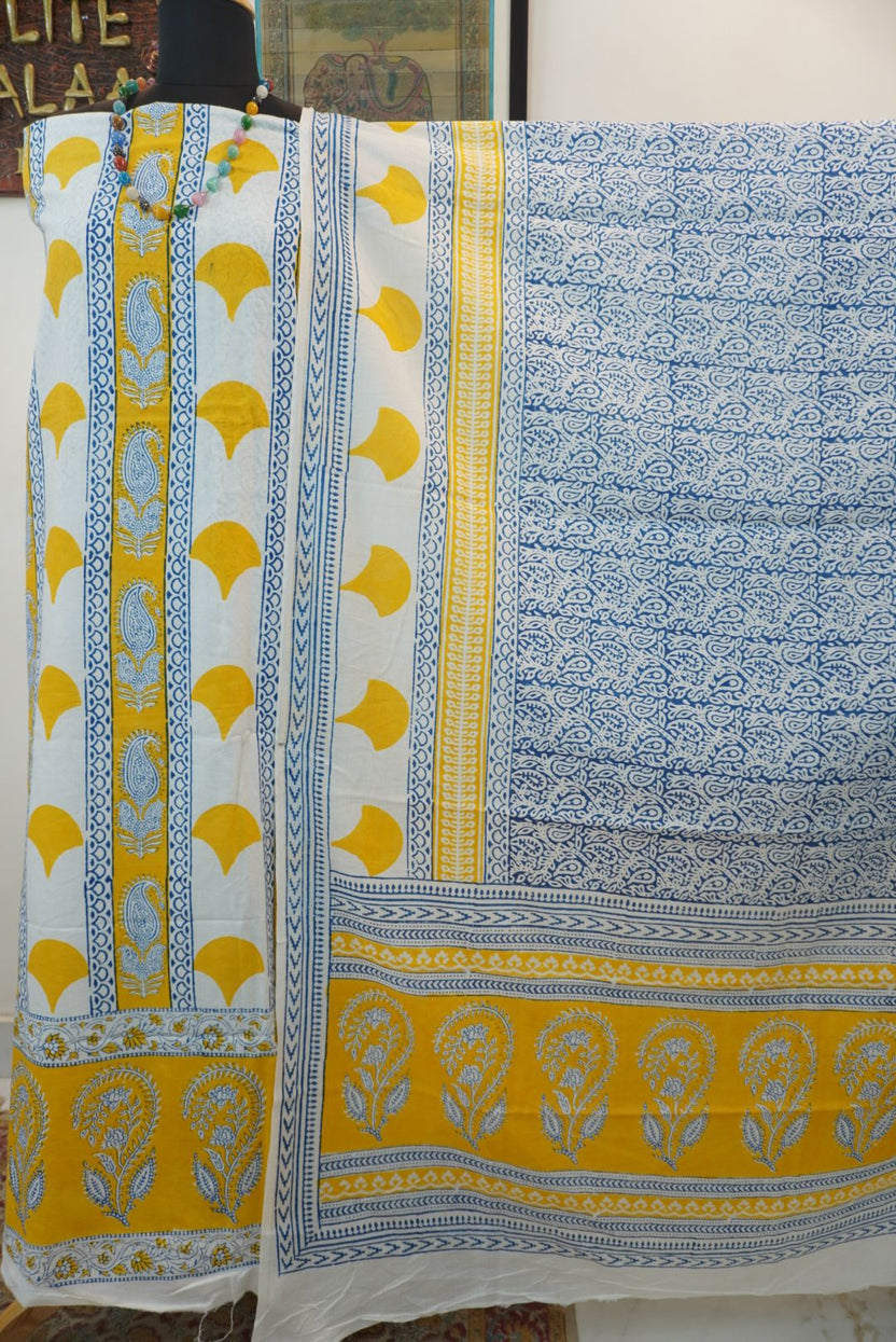 Yellow cotton Bagh handblock 3 piece unstitched suit set with blue and white accents and border