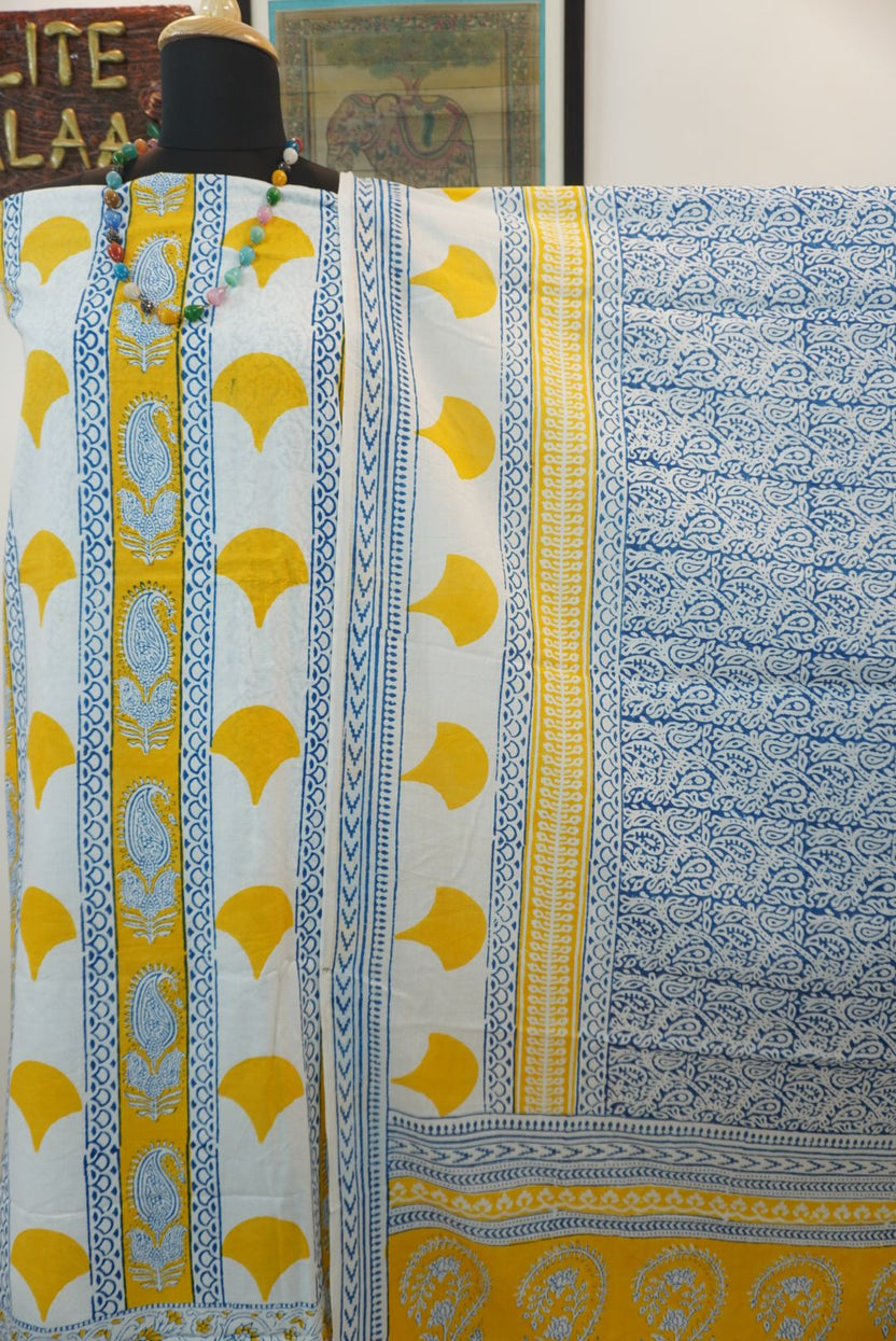 Yellow cotton Bagh handblock 3 piece unstitched suit set with blue and white accents and border
