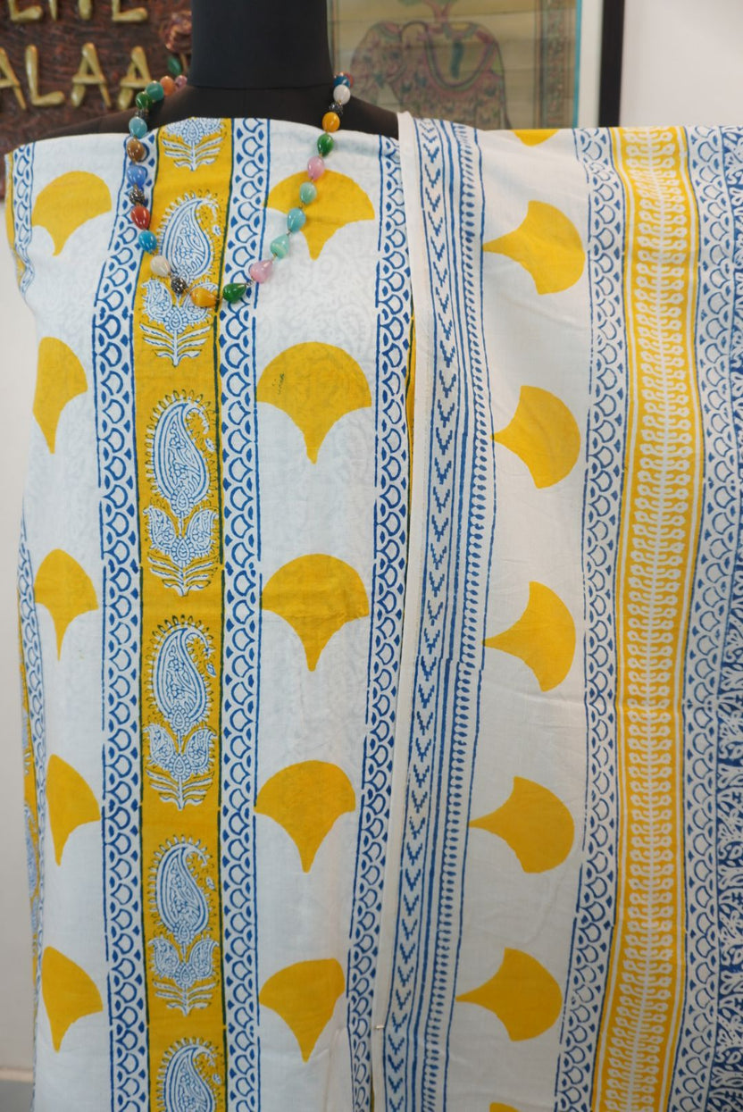 Yellow cotton Bagh handblock 3 piece unstitched suit set with blue and white accents and border