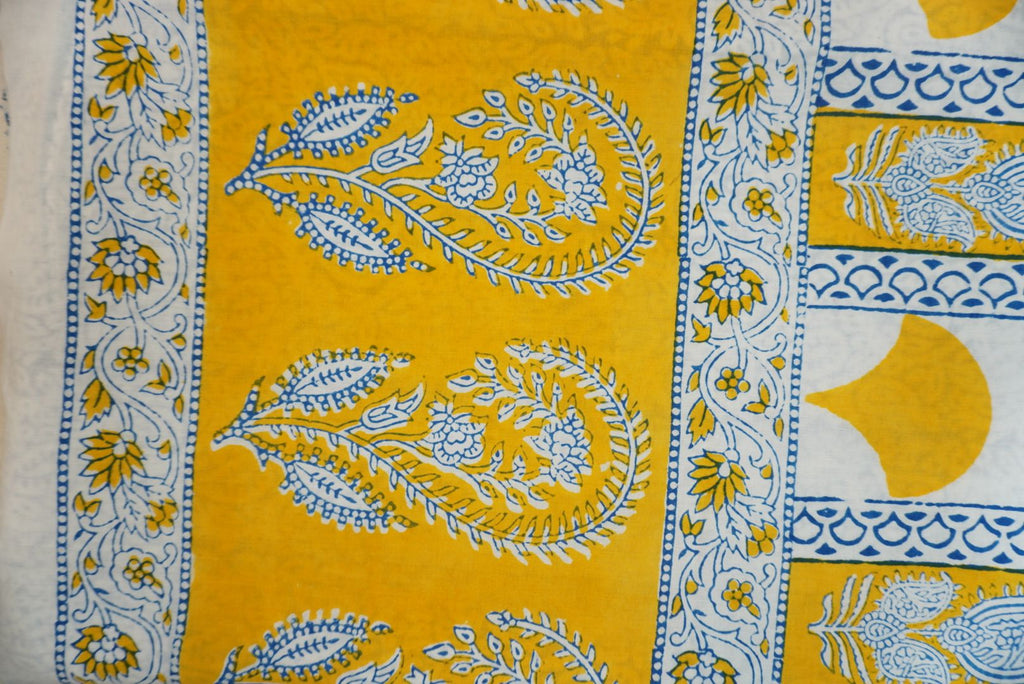 Yellow cotton Bagh handblock 3 piece unstitched suit set with blue and white accents and border