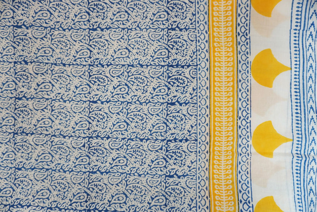 Yellow cotton Bagh handblock 3 piece unstitched suit set with blue and white accents and border