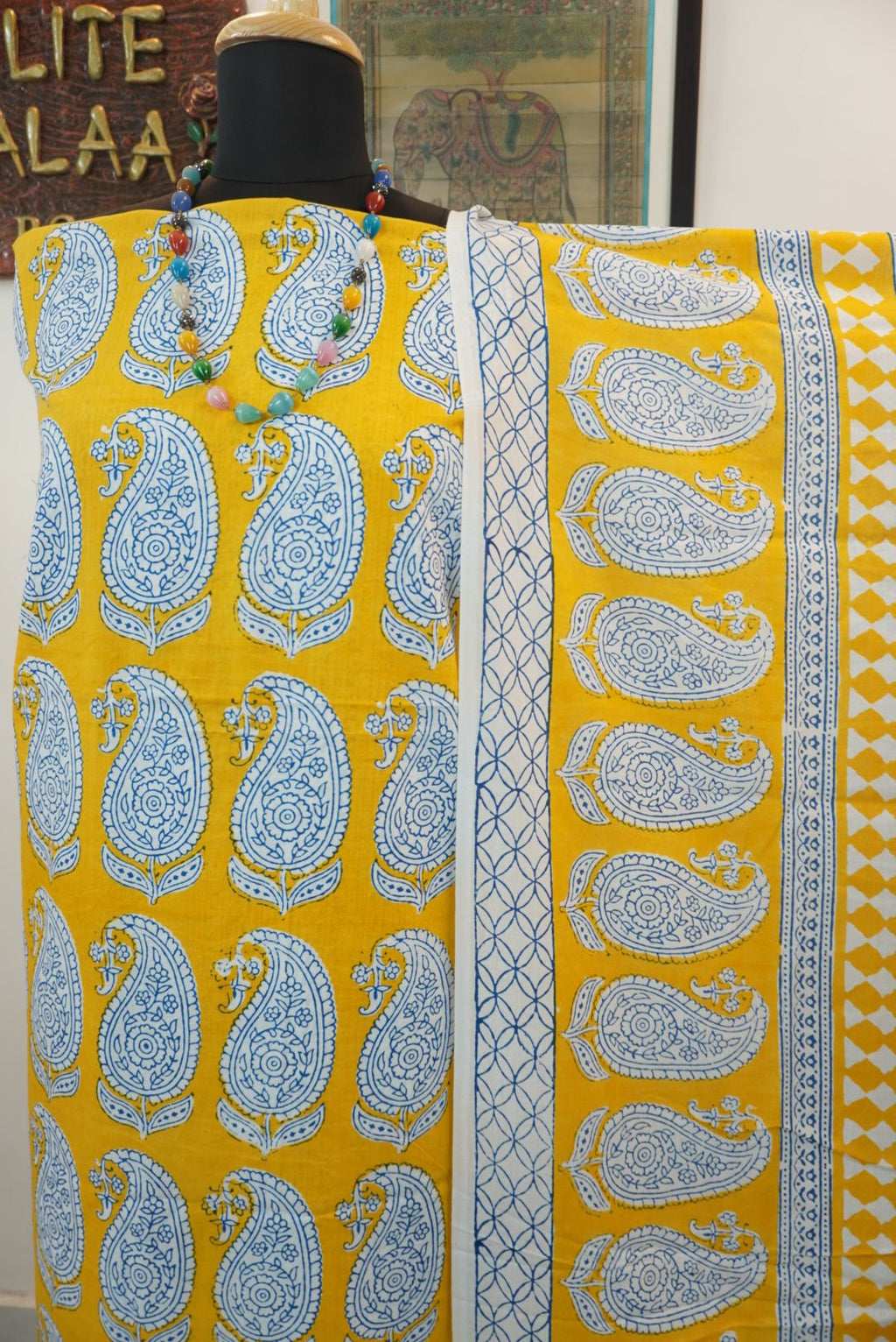 Yellow cotton Bagh Handblock 3 piece suit set with blue and white all-over design and border