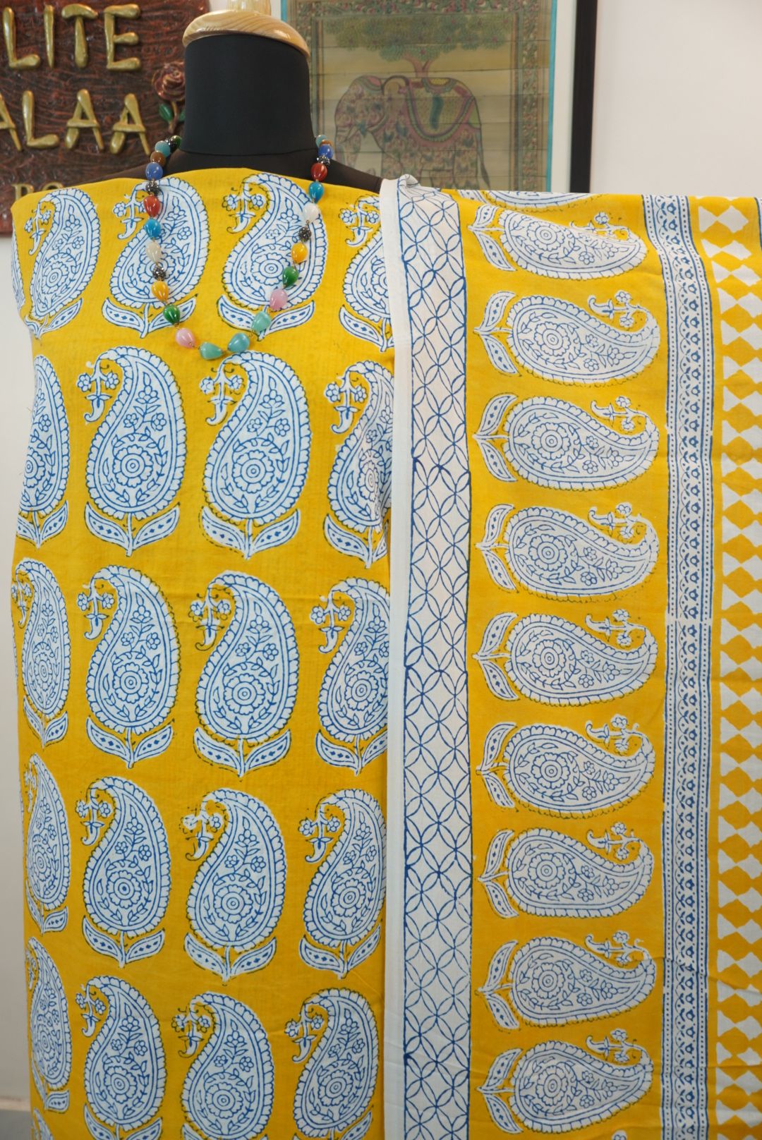 Yellow cotton Bagh Handblock 3 piece suit set with blue and white all-over design and border