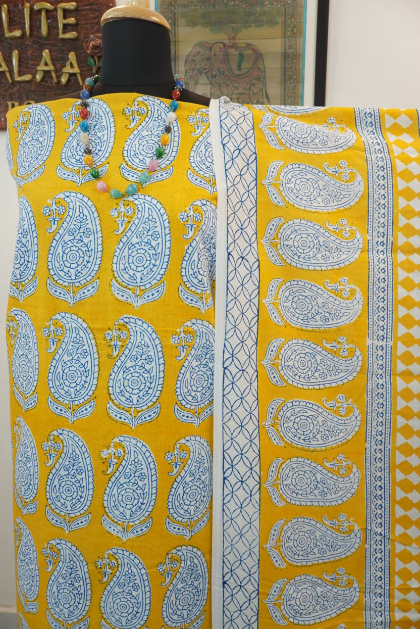 Yellow cotton Bagh Handblock 3 piece suit set with blue and white all-over design and border