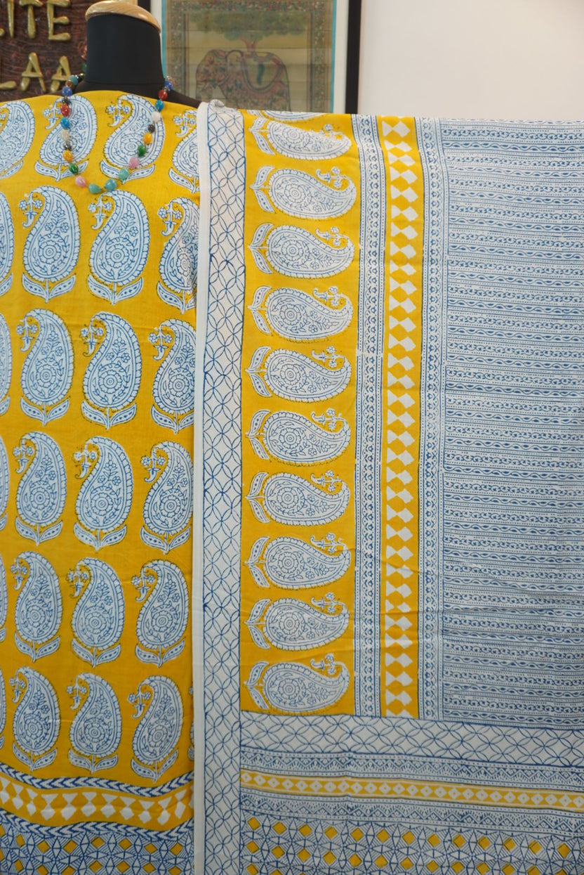 Yellow cotton Bagh Handblock 3 piece suit set with blue and white all-over design and border