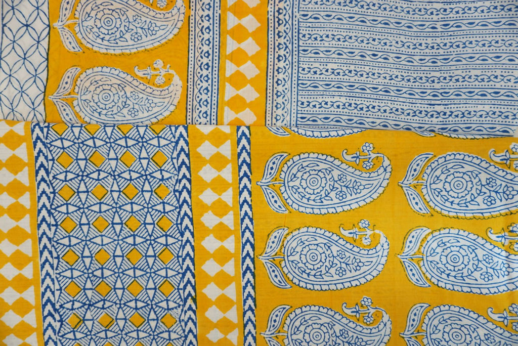 Yellow cotton Bagh Handblock 3 piece suit set with blue and white all-over design and border