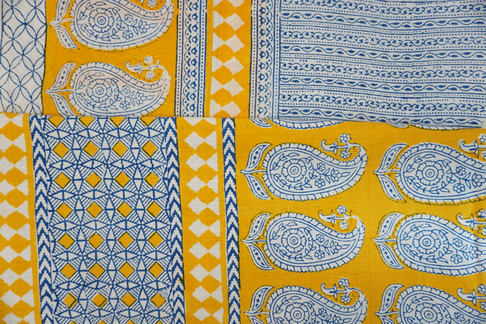 Yellow cotton Bagh Handblock 3 piece suit set with blue and white all-over design and border