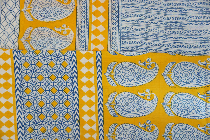 Yellow cotton Bagh Handblock 3 piece suit set with blue and white all-over design and border