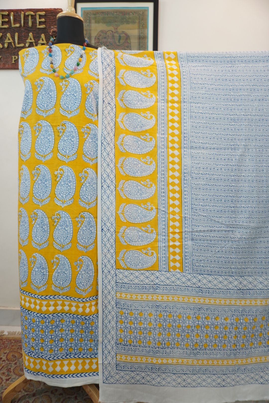 Yellow cotton Bagh Handblock 3 piece suit set with blue and white all-over design and border