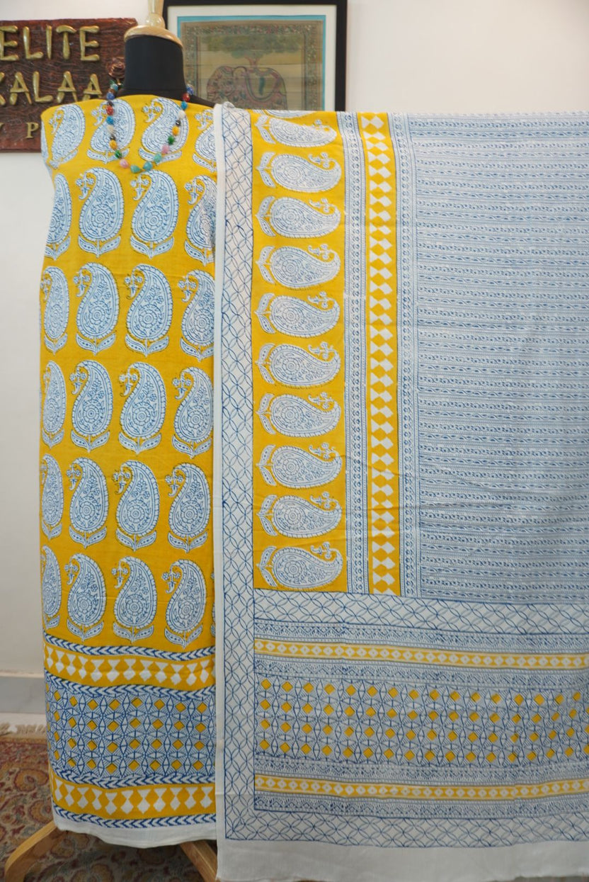 Yellow cotton Bagh Handblock 3 piece suit set with blue and white all-over design and border