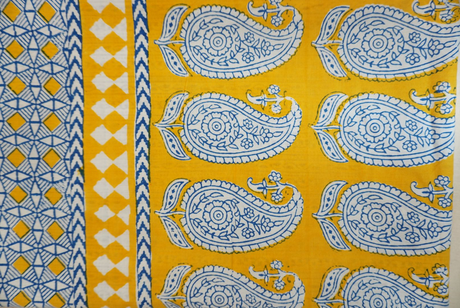 Yellow cotton Bagh Handblock 3 piece suit set with blue and white all-over design and border