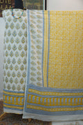 Yellow cotton Bagh handblock 3 piece suit set with white and blue block print and border
