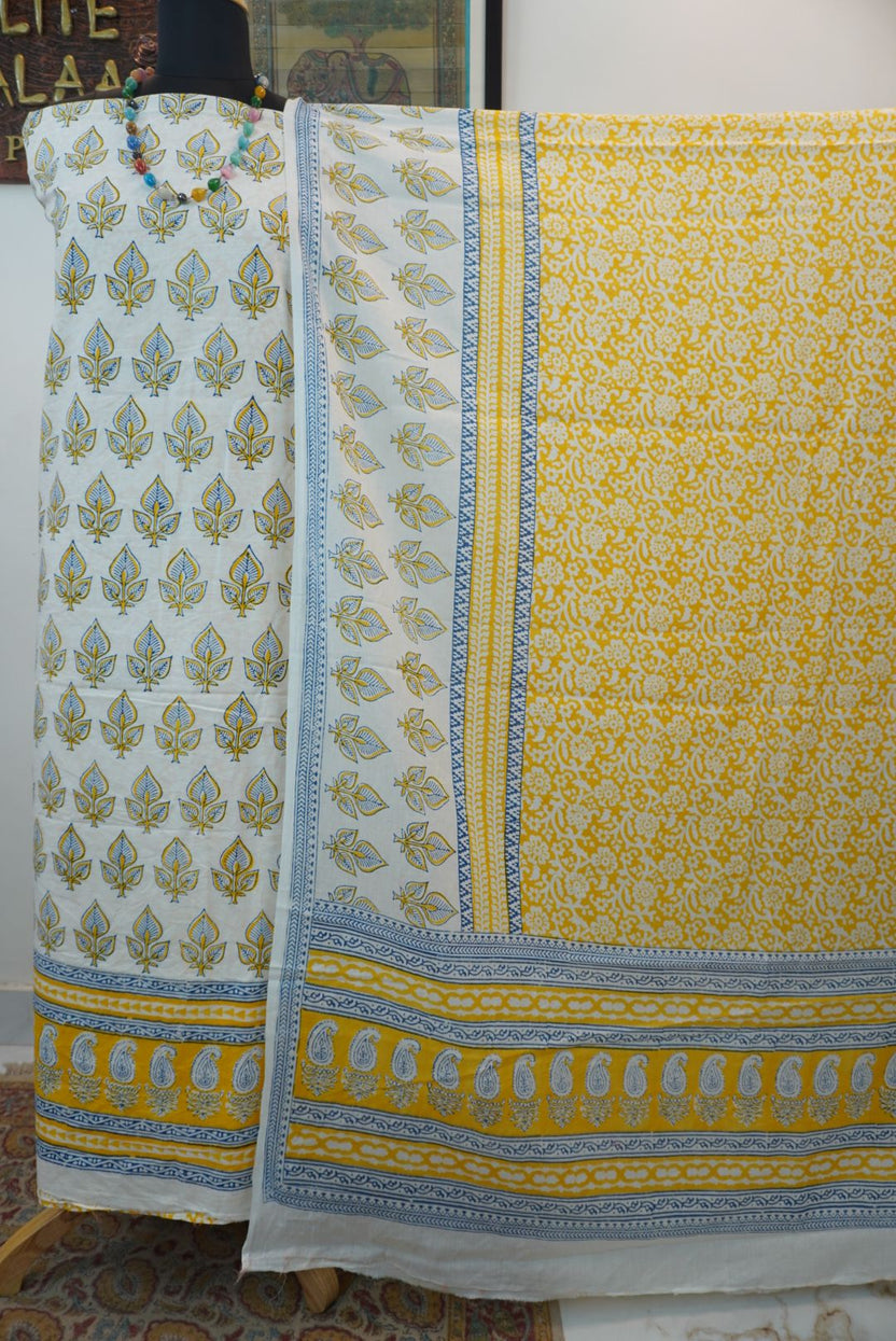 Yellow cotton Bagh handblock 3 piece suit set with white and blue block print and border