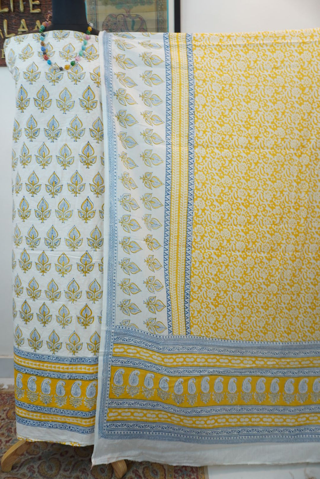 Yellow cotton Bagh handblock 3 piece suit set with white and blue block print and border