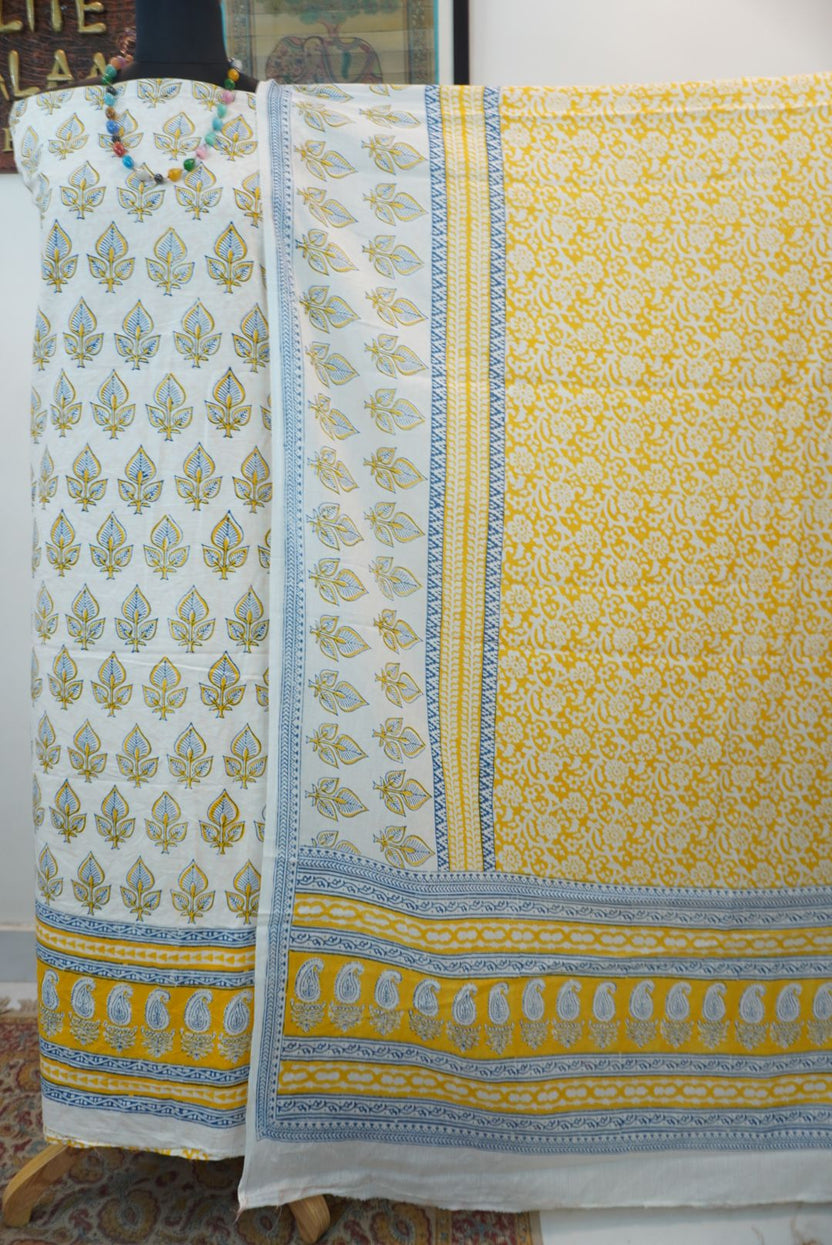 Yellow cotton Bagh handblock 3 piece suit set with white and blue block print and border
