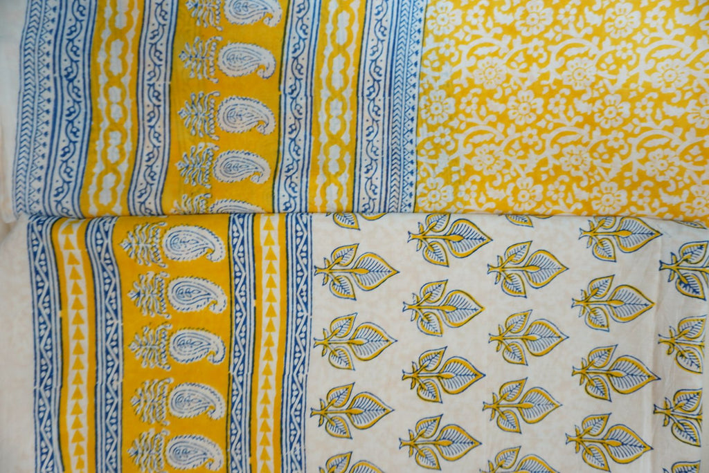 Yellow cotton Bagh handblock 3 piece suit set with white and blue block print and border