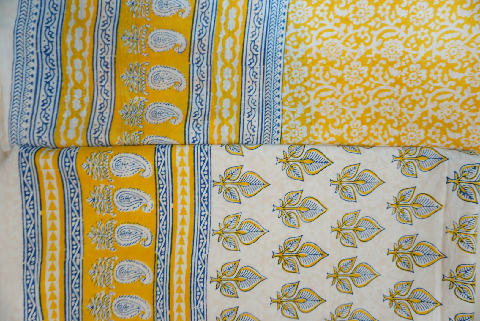 Yellow cotton Bagh handblock 3 piece suit set with white and blue block print and border