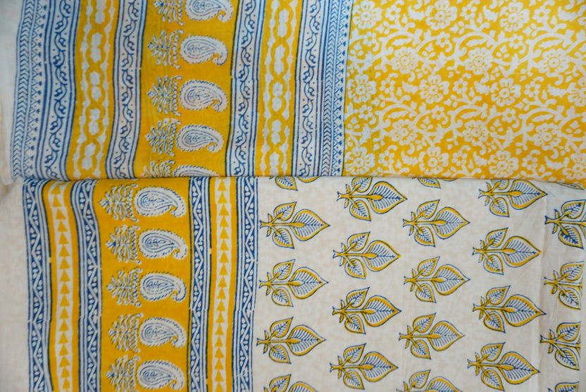 Yellow cotton Bagh handblock 3 piece suit set with white and blue block print and border