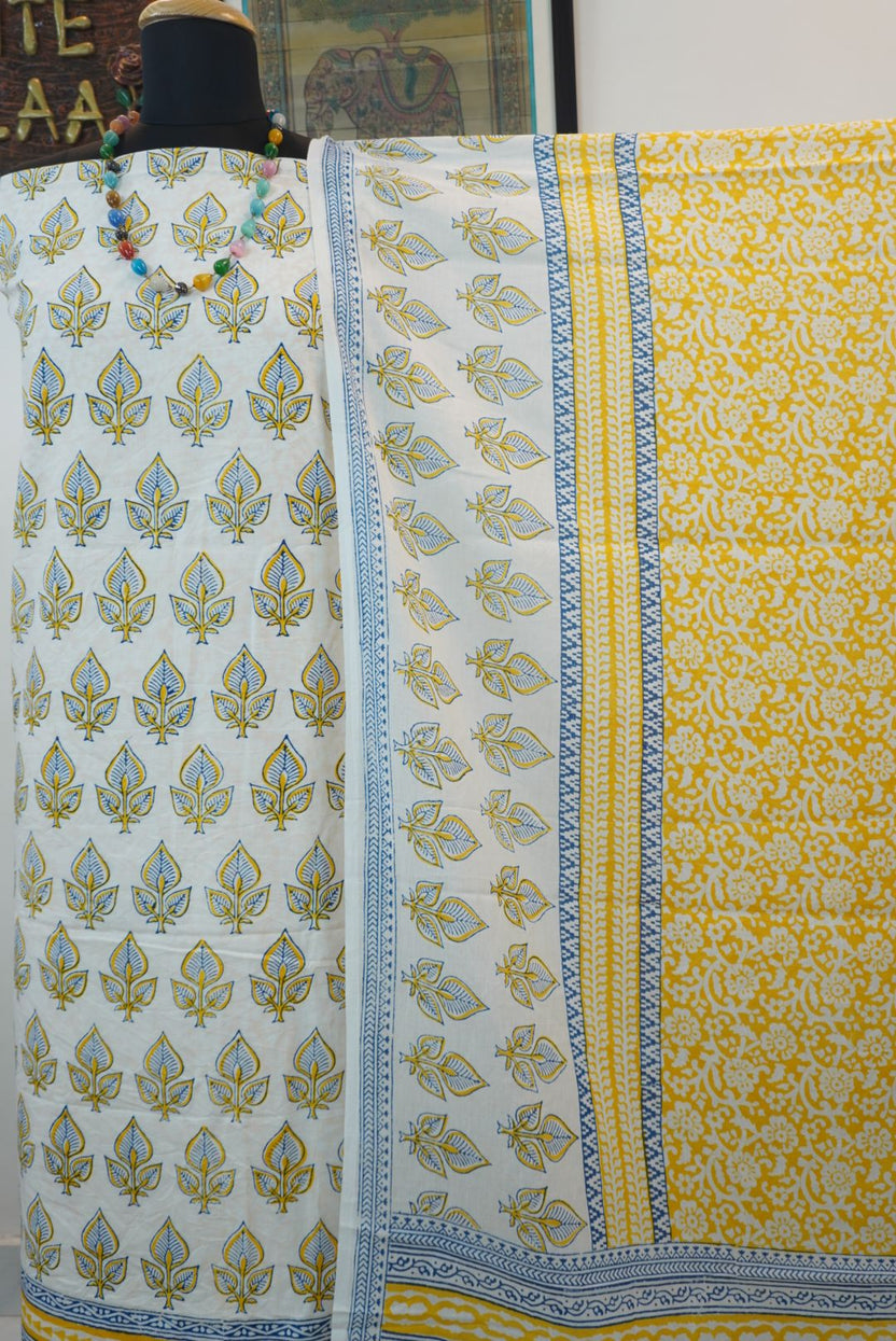 Yellow cotton Bagh handblock 3 piece suit set with white and blue block print and border