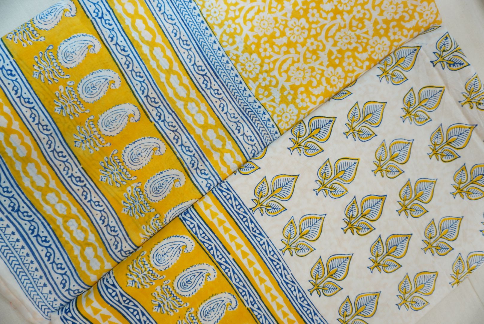Yellow cotton Bagh handblock 3 piece suit set with white and blue block print and border