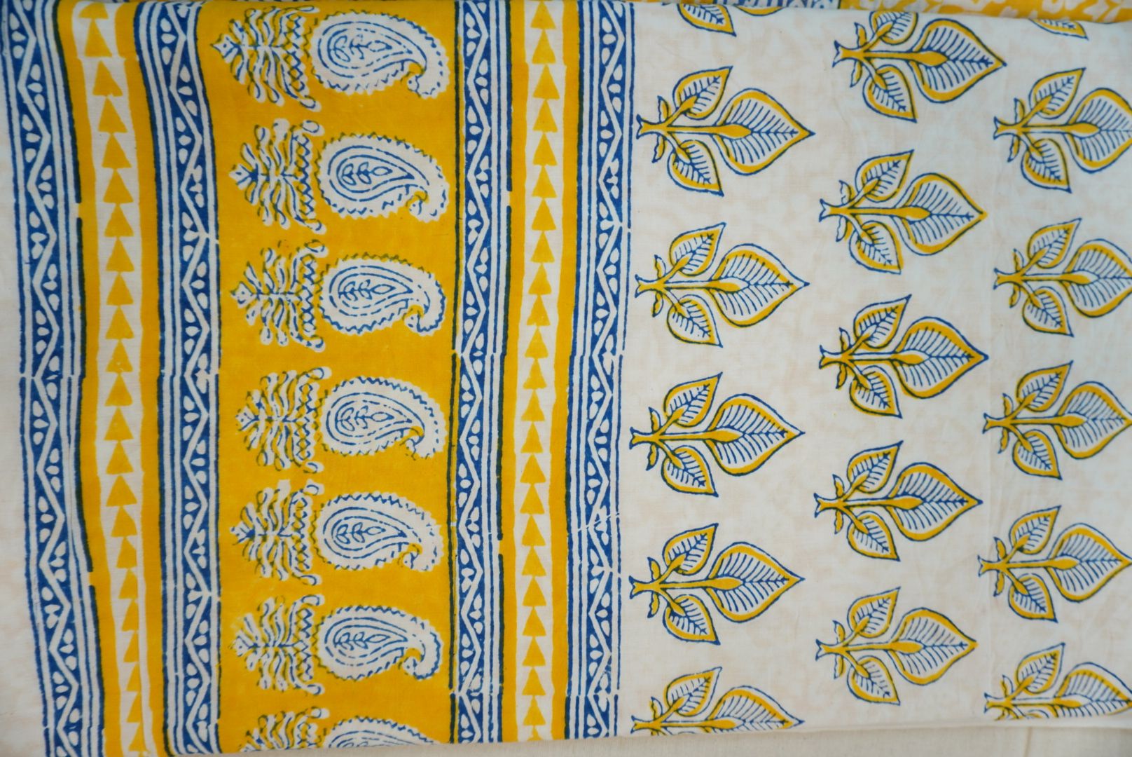 Yellow cotton Bagh handblock 3 piece suit set with white and blue block print and border