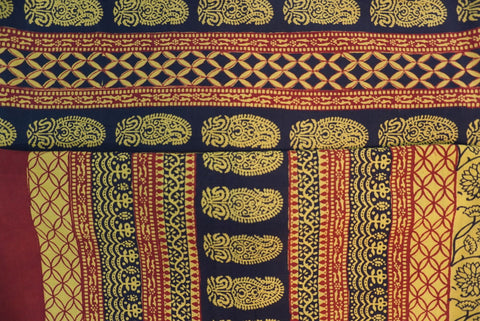 Blue cotton Bagh handblock 3 piece dress material with red and yellow multicolor block print and border