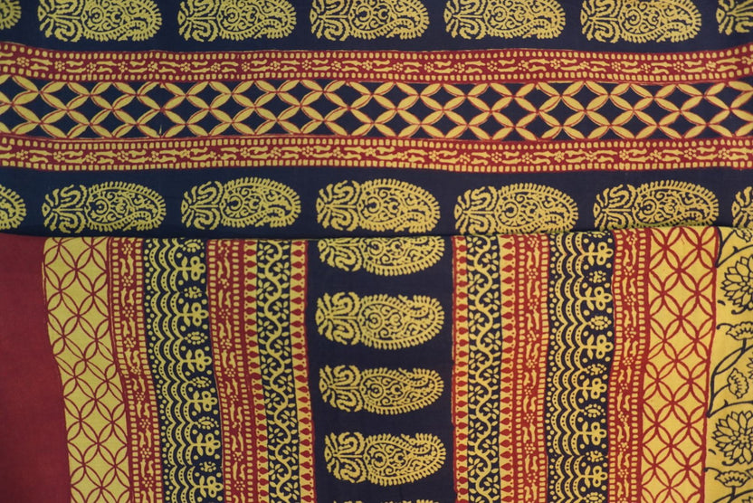 Blue cotton Bagh handblock 3 piece dress material with red and yellow multicolor block print and border
