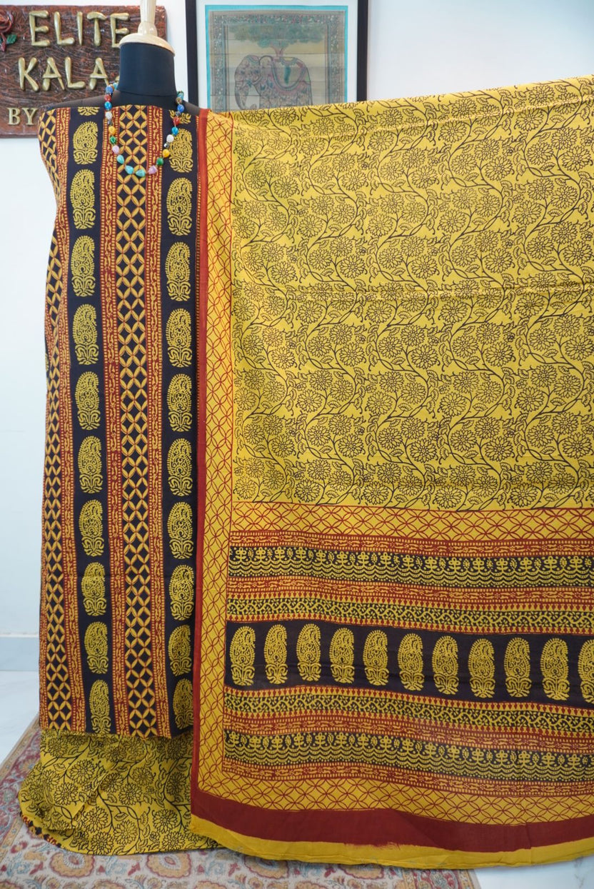 Blue cotton Bagh handblock 3 piece dress material with red and yellow multicolor block print and border