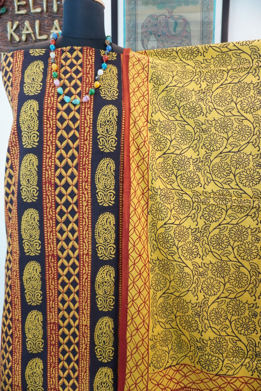 Blue cotton Bagh handblock 3 piece dress material with red and yellow multicolor block print and border