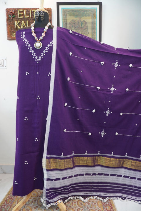 Purple Bhujodi Kala Cotton suit fabric with border, tassels and fringe detail