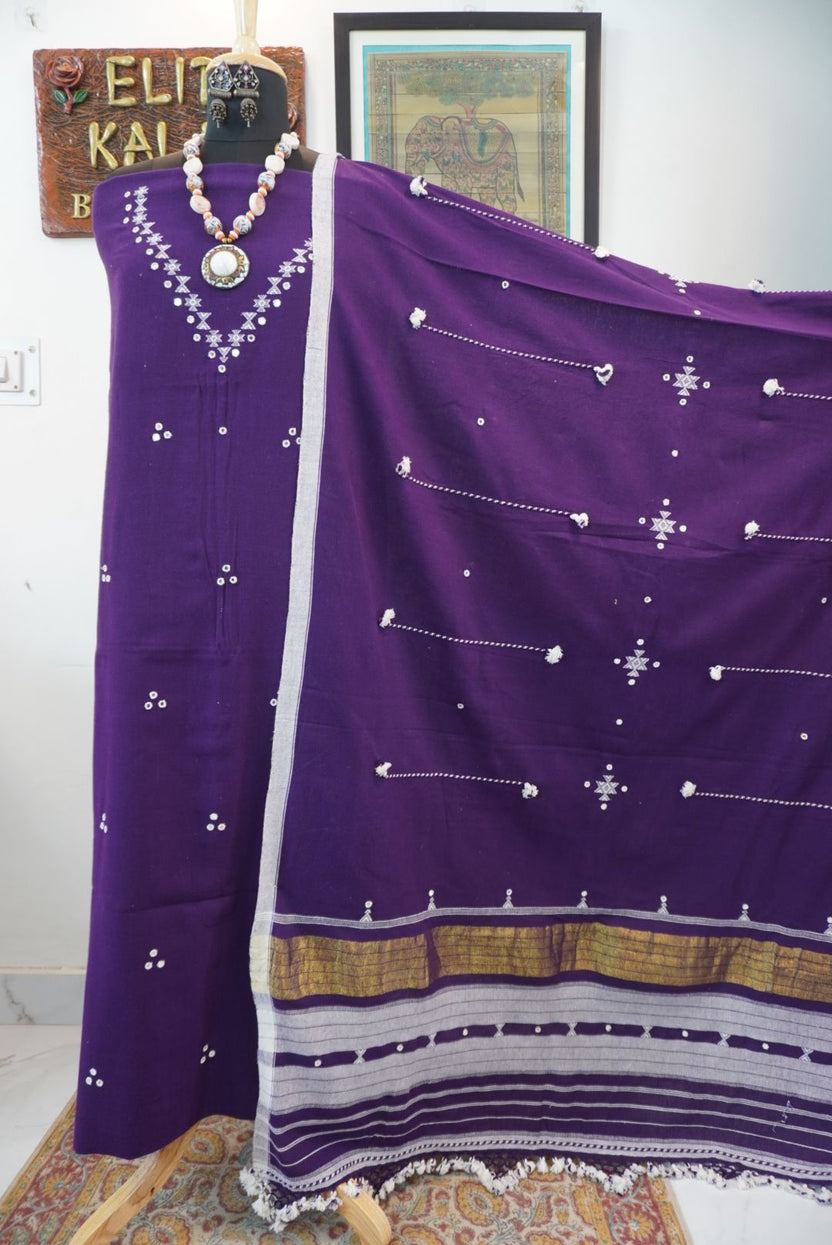 Purple Bhujodi Kala Cotton suit fabric with border, tassels and fringe detail