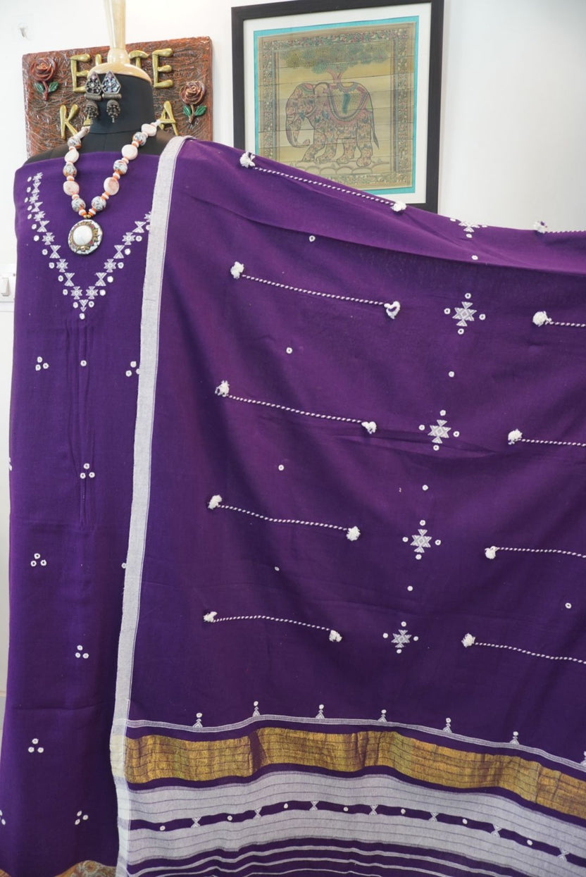 Purple Bhujodi Kala Cotton suit fabric with border, tassels and fringe detail