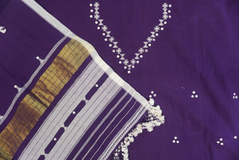 Purple Bhujodi Kala Cotton suit fabric with border, tassels and fringe detail