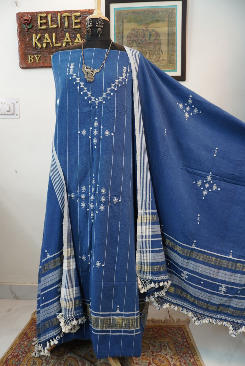 Blue Bhujodi Kala cotton 3 piece dress material with white and beige accents, border, tassels and fringe
